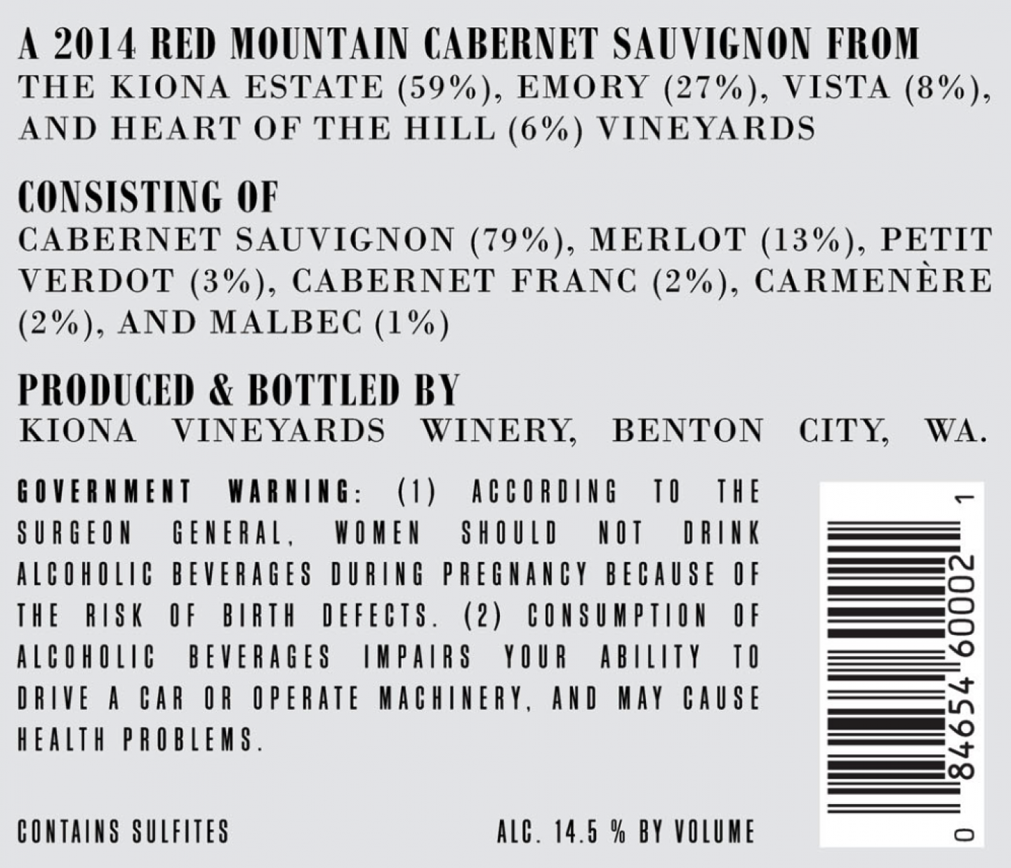 Kiona Vineyards and Winery 2014 Red Mountain Cabernet Sauvignon